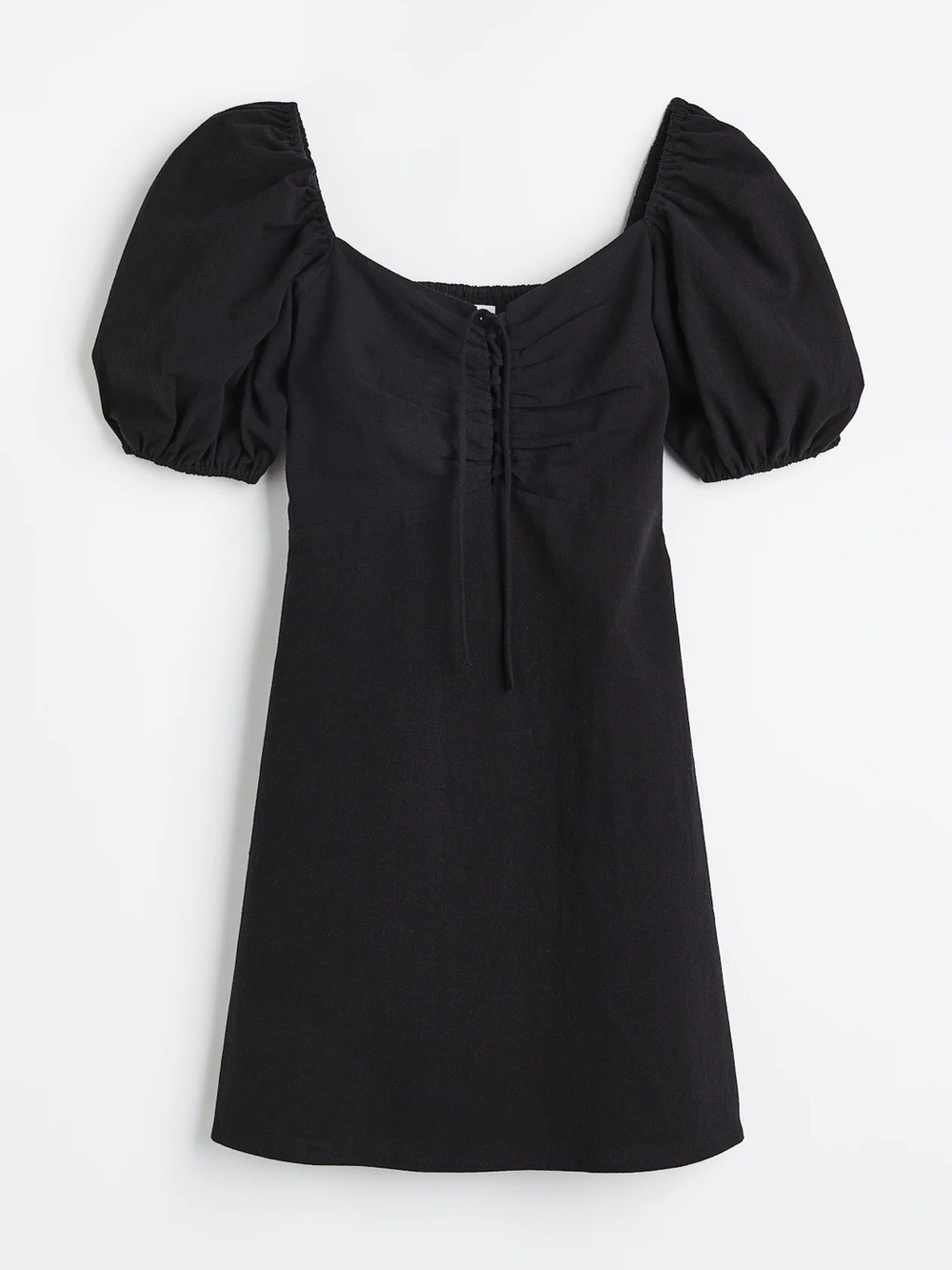 H&M Black Puff-Sleeve Linen Blend Lace-Up Mini Dress XS